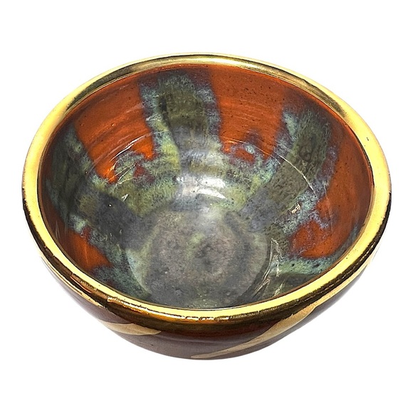 Stoneware Pottery Bowl with Genuine 18k Gold Trim in Rust & Olive Layered Glazes - Picture 5 of 13